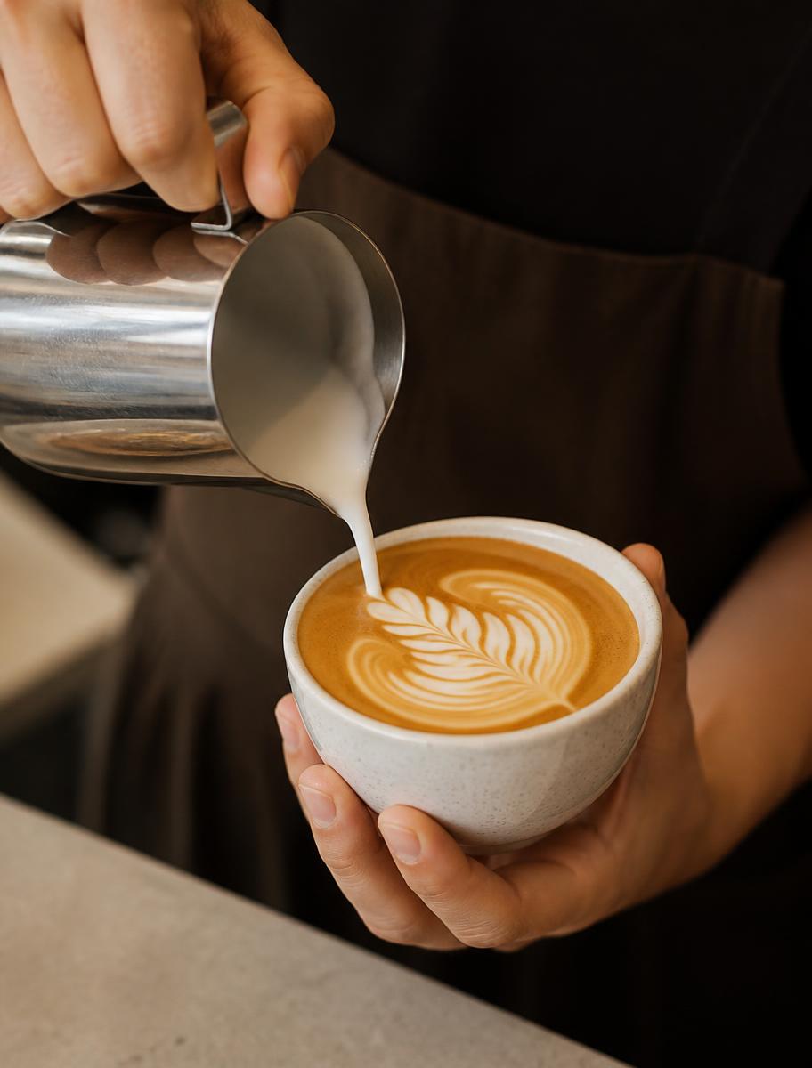 Barista pouring steamed milk to create latte art