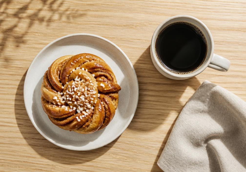 Finnish cinnamon bun with a cup of black coffee